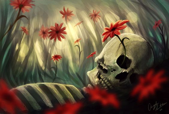 Flor creciendo en una calavera
