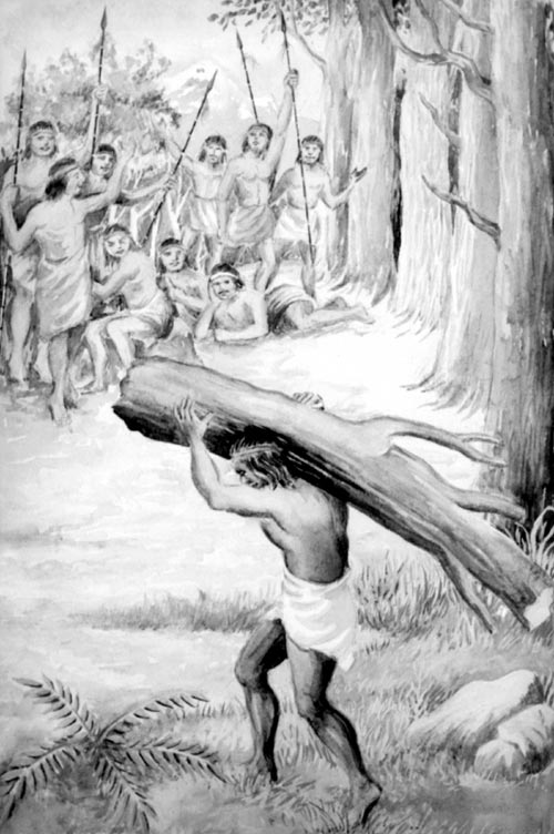 Caupolicán con el tronco a hombros