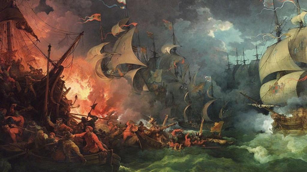 Batalla naval y navío ardiendo