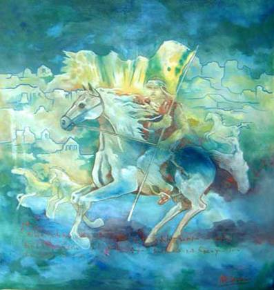 Guerrero indígena chileno a caballo, óleo de Marco Caamaño