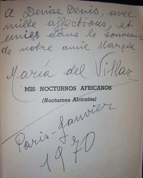 Ejemplar dedicado por la autora, María del Villar, de Mis nocturnos africanos