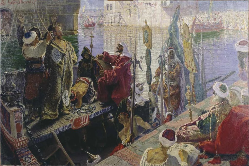 Antonio Muñoz Degrain, Cervantes ante el bey de Argel acusado de conjura (1879). Biblioteca Nacional de España. Colección Histórico-Artística (Madrid).