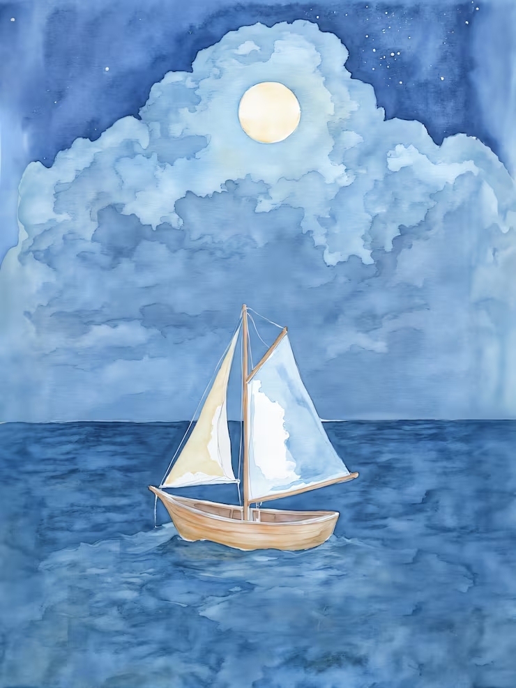 Luna y velero sobre el mar