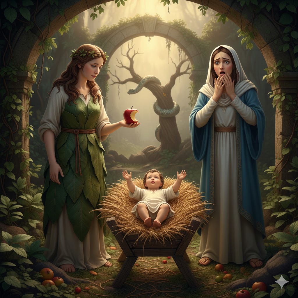 Eva ofrenda al Niño Jesús la manzana mordida del Paraíso