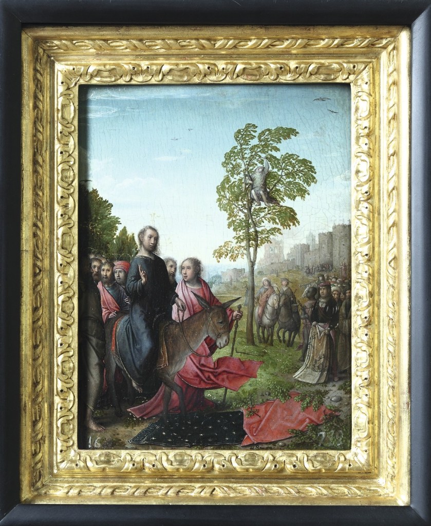 Juan de Flandes, La entrada de Cristo en Jerusalén (1496-1504), óleo que forma parte del Políptico de Isabel la Católica. Patrimonio Nacional, Galería de las Colecciones Reales (Madrid). Inventario 10002024.